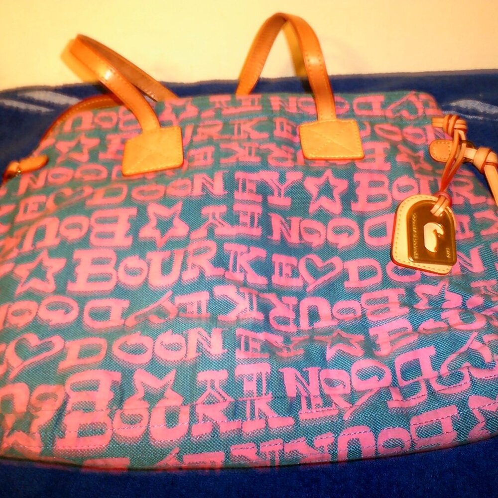 Dooney and Bourke Blue/Pink Graffiti Tote Leather Trim Boho Bright Pink Interior